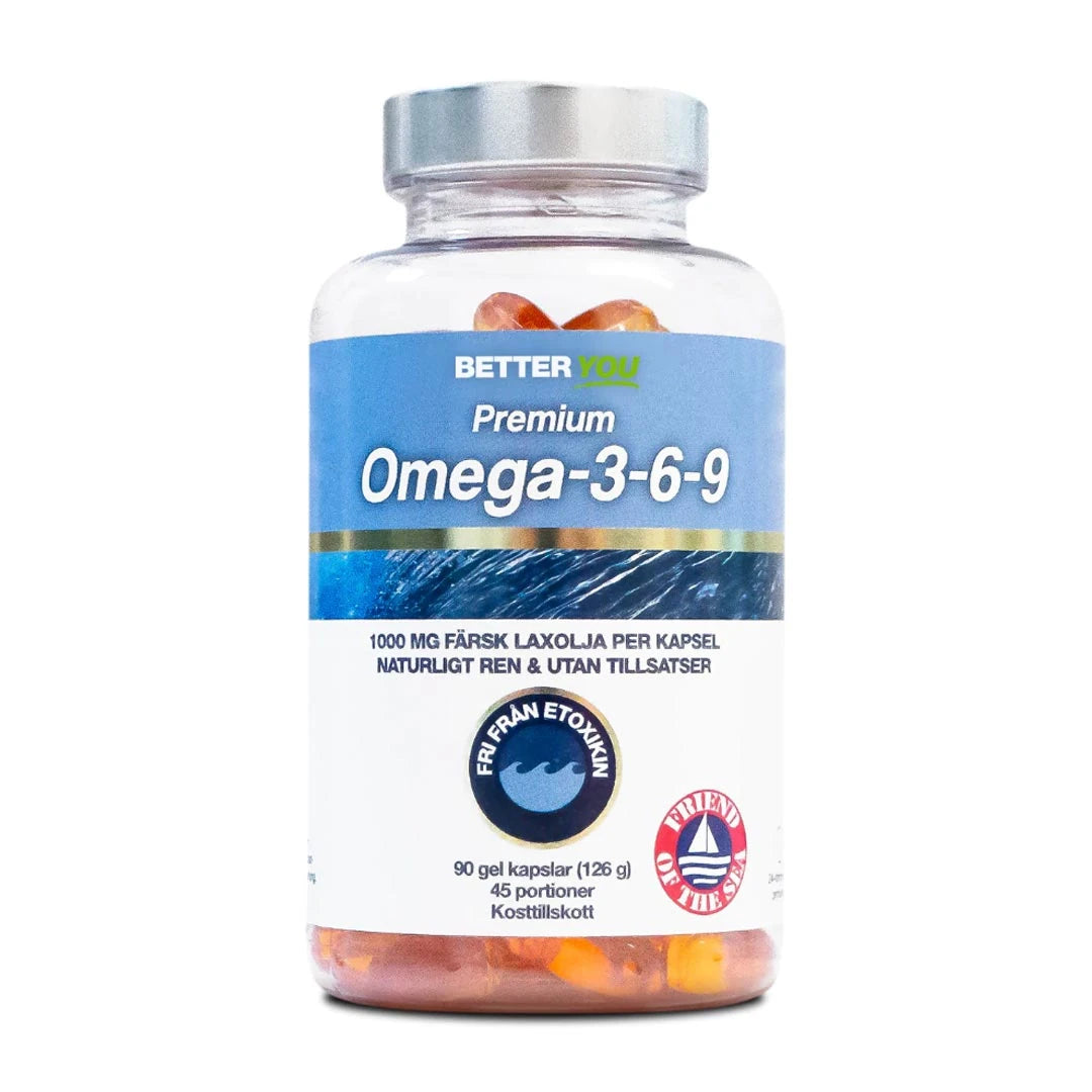 Better You Premium Omega-3 90 caps -ravintolisä läpinäkyvässä purkissa, sinivalkoinen etiketti ja oransseja kapseleita., kuva 1/1