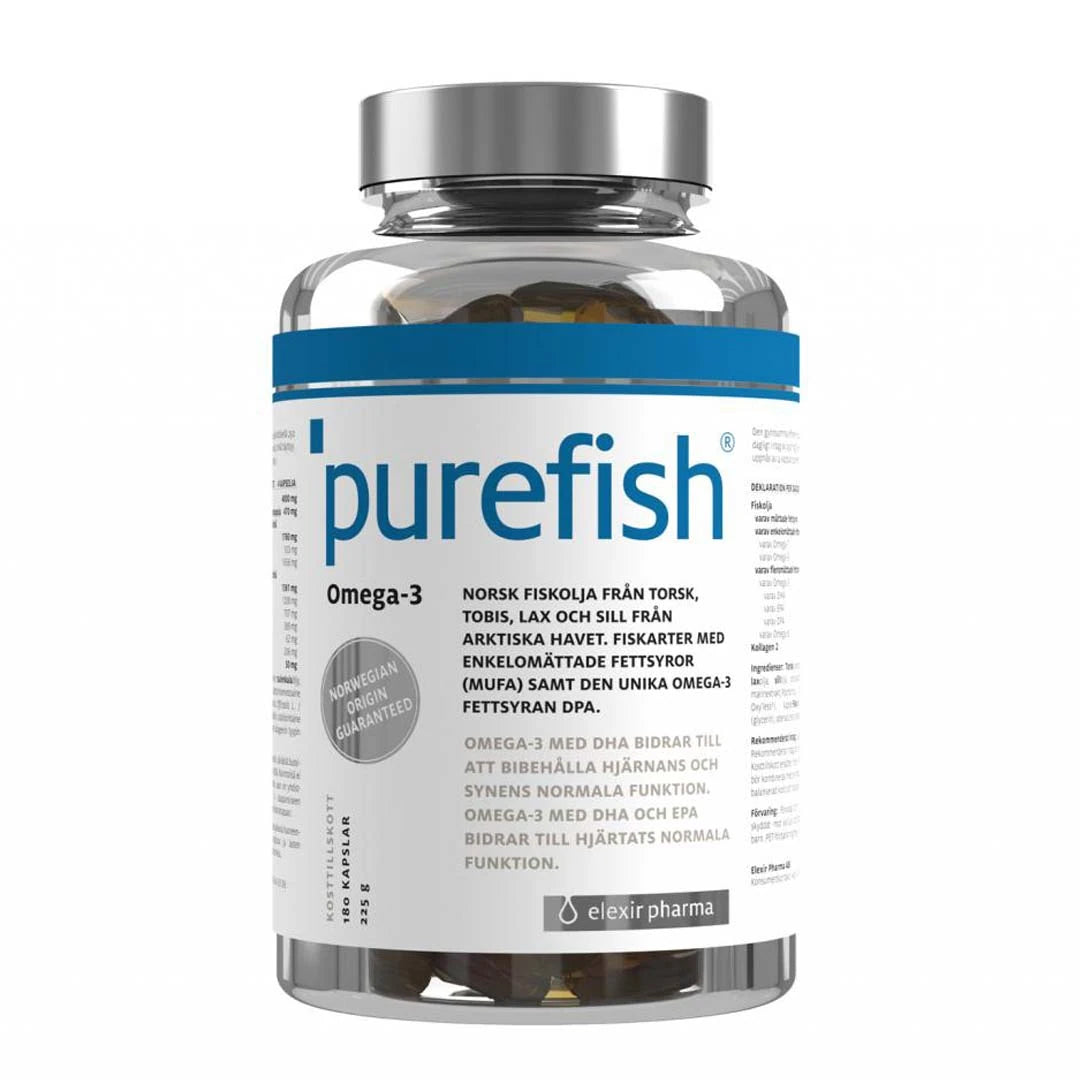 Elexir Pharma Pure Fish 180 caps läpinäkyvässä purkissa hopeakannella ja kultaisilla omega-3-kapseleilla., kuva 1/1