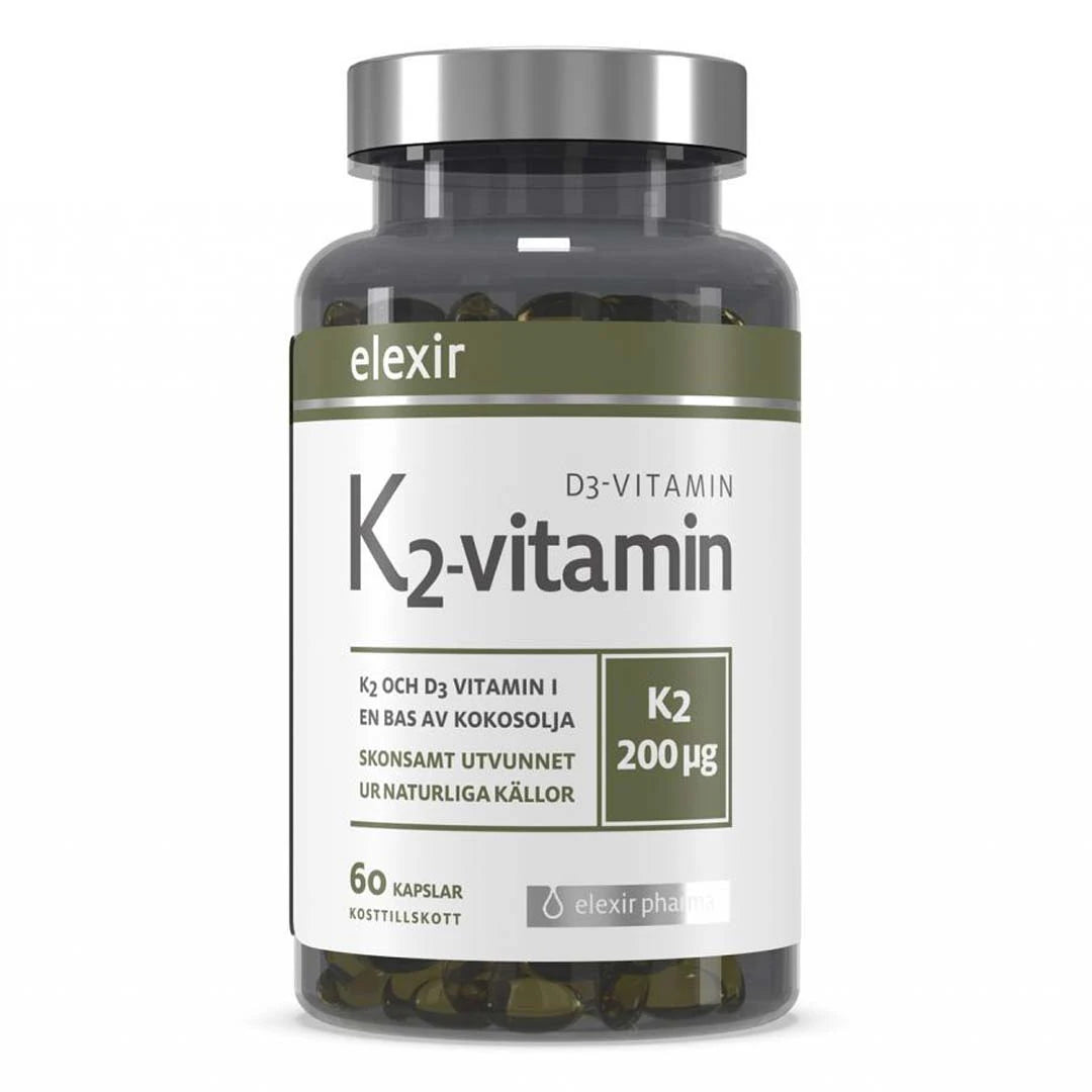 Elexir Pharma K2+D3 60 caps i en transparent burk med silverfärgat lock, vit etikett och olivgröna detaljer., bild 1 av 1