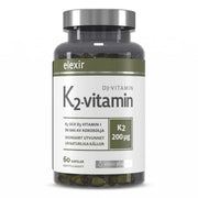 Elexir Pharma K2+D3 60 caps läpinäkyvässä purkissa, jossa on hopeakansi, valkoinen etiketti ja oliivinvihreitä yksityiskohtia.