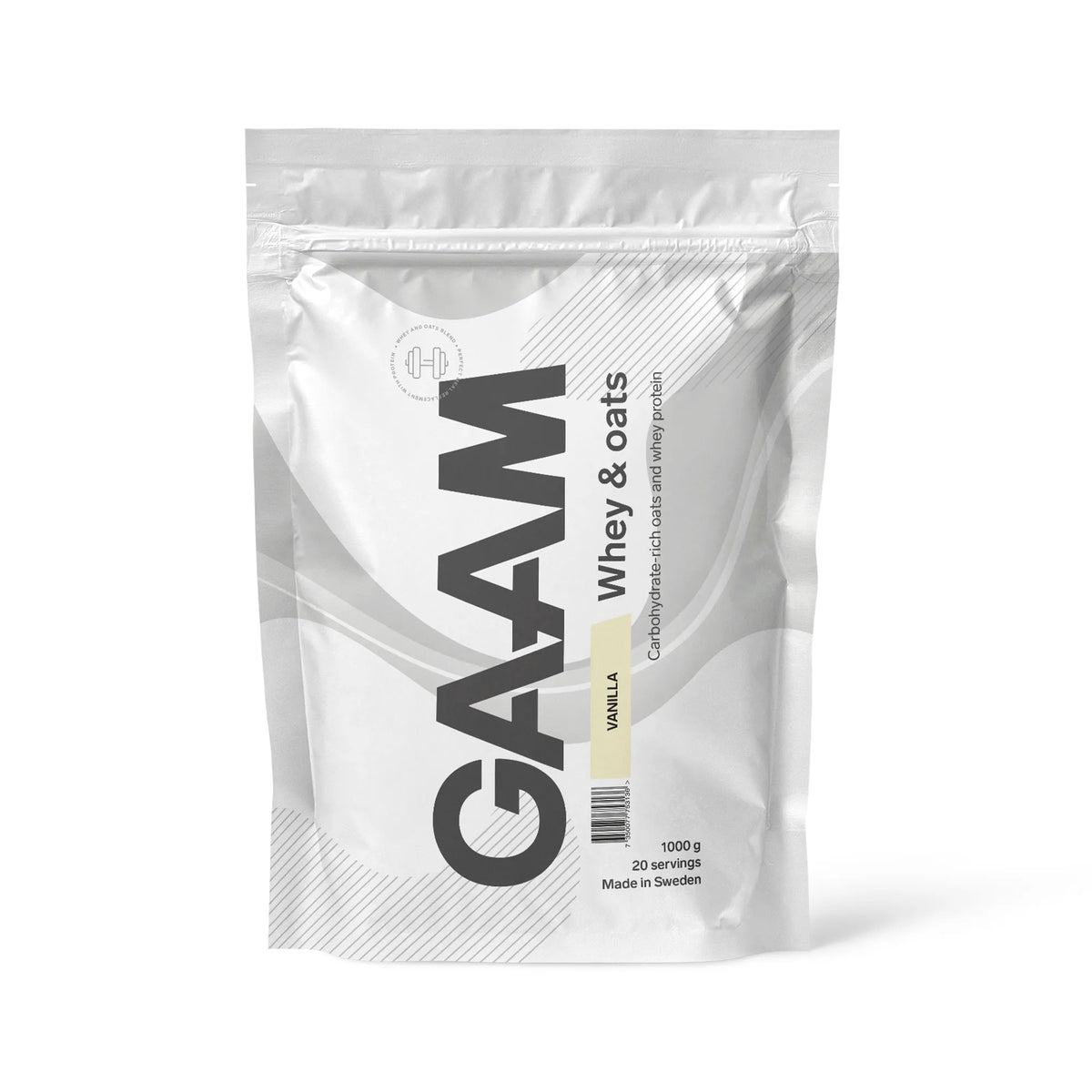 GAAM Whey &amp; Oats 1 kg -proteiinijauhe valkoisessa pussissa vaaleankeltaisilla yksityiskohdilla, makuna vanilja., kuva 2/2