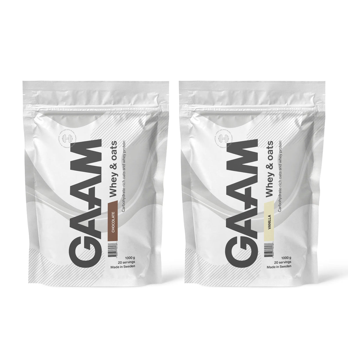 2 x GAAM Whey &amp; Oats 1 kg -proteiinijauhe kahdessa valkoisessa pussissa, makuina Chocolate ja Vanilla., kuva 1/1