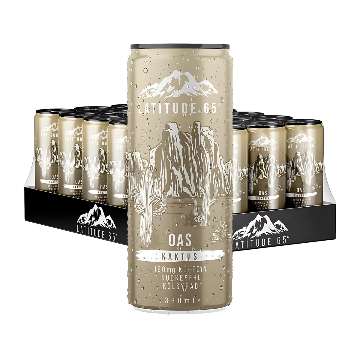 24 x Latitude 65 330 ml Oas - Kaktus kokonaisena lavana beigenvärisiä, kaktuskuvioin koristeltuja tölkkejä.
