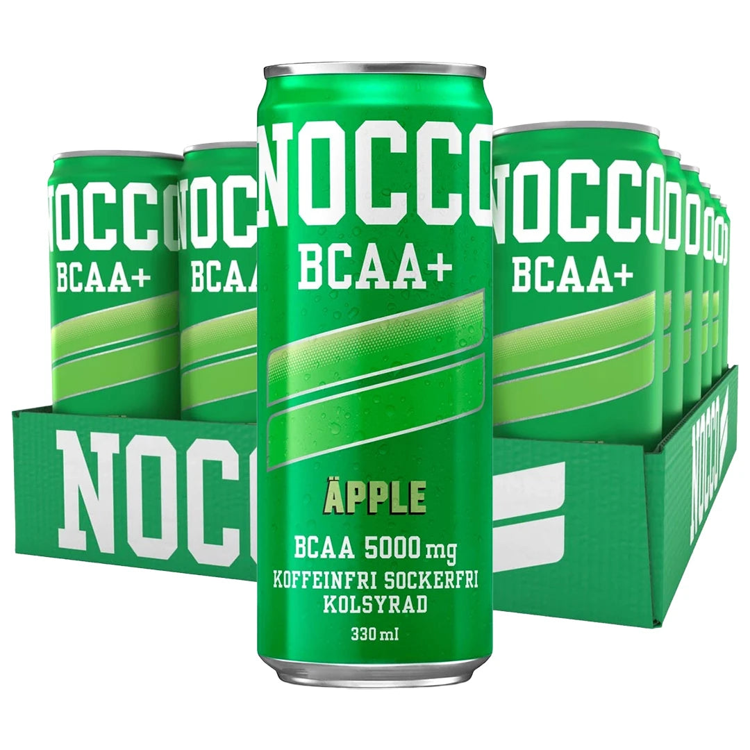 24 x NOCCO BCAA + 330 ml Äpple (Koffeinfri) vihreässä laatikossa, jossa on vihreitä tölkkejä valkoisella tekstillä., kuva 1/1