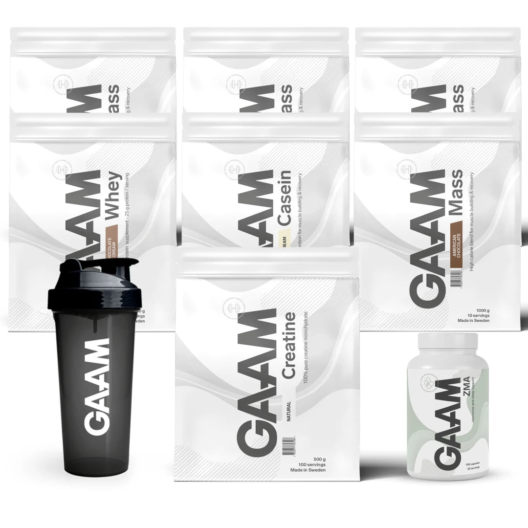 GAAM Complete Weight Gain Pack sisältää valkoisia lisäravinnepusseja, purkin sekä mustan shakerin., kuva 1/1
