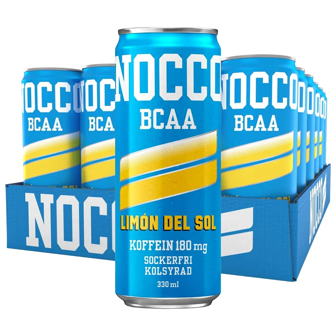 24 x NOCCO BCAA 330 ml Limon del Sol sinisessä laatikossa, jossa on vaaleansinisiä ja keltaisia tölkkejä., kuva 1/1