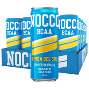 24 x NOCCO BCAA 330 ml Limon del Sol sinisessä laatikossa, jossa on vaaleansinisiä ja keltaisia tölkkejä.