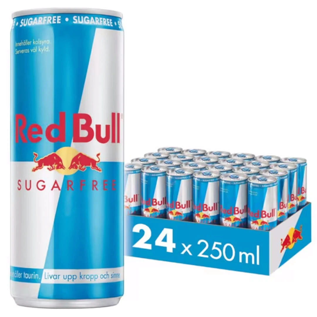 24 x Red Bull energiajuoma 250 ml sokeriton laatikossa, jossa on vaaleansinisiä ja hopeisia tölkkejä punaisella tekstillä., kuva 1/1
