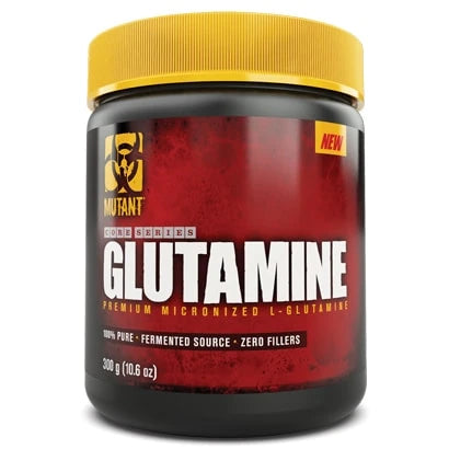 Mutant Nutrition Glutamine 300 g -aminohappojauhe mustassa purkissa, jossa on punainen etiketti ja keltainen kansi., kuva 1/1