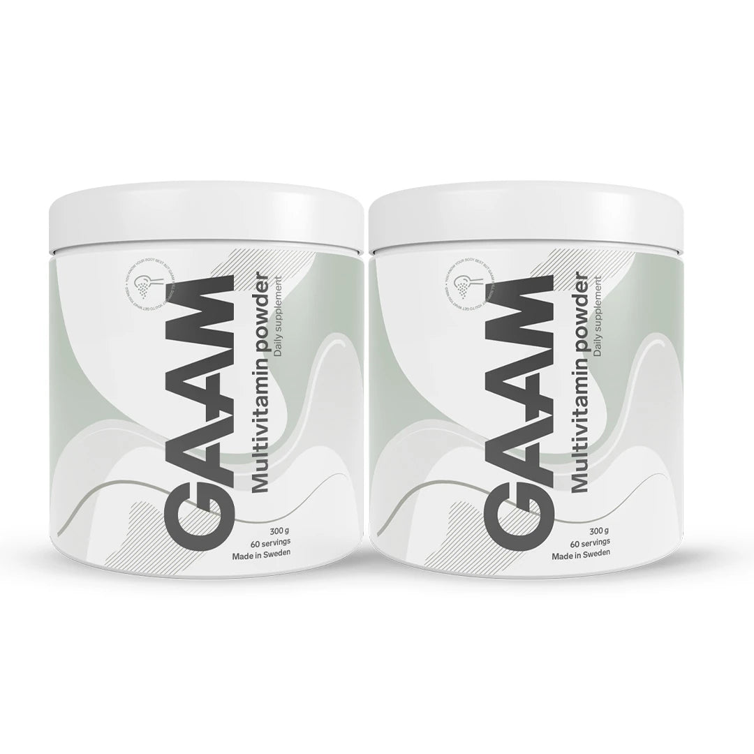 2 x GAAM Multivitamin Powder 300 g kahdessa valkoisessa purkissa harmailla ja vihreillä yksityiskohdilla., kuva 1/1