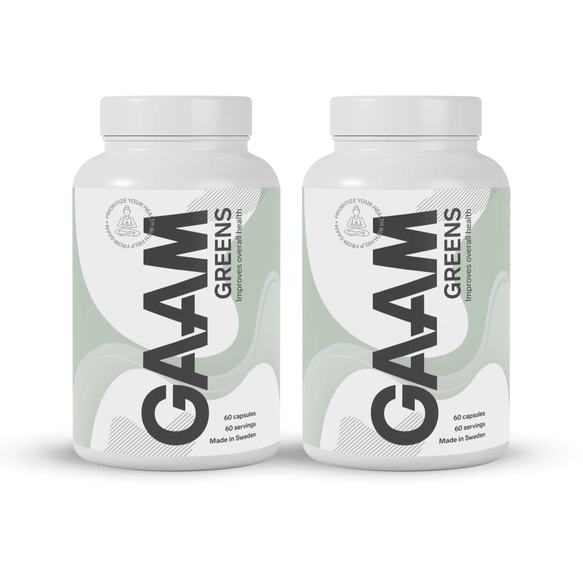 2 x GAAM Greens 60 Caps -ravintolisä kahdessa valkoisessa purkissa vaaleanvihreillä ja mustilla yksityiskohdilla.