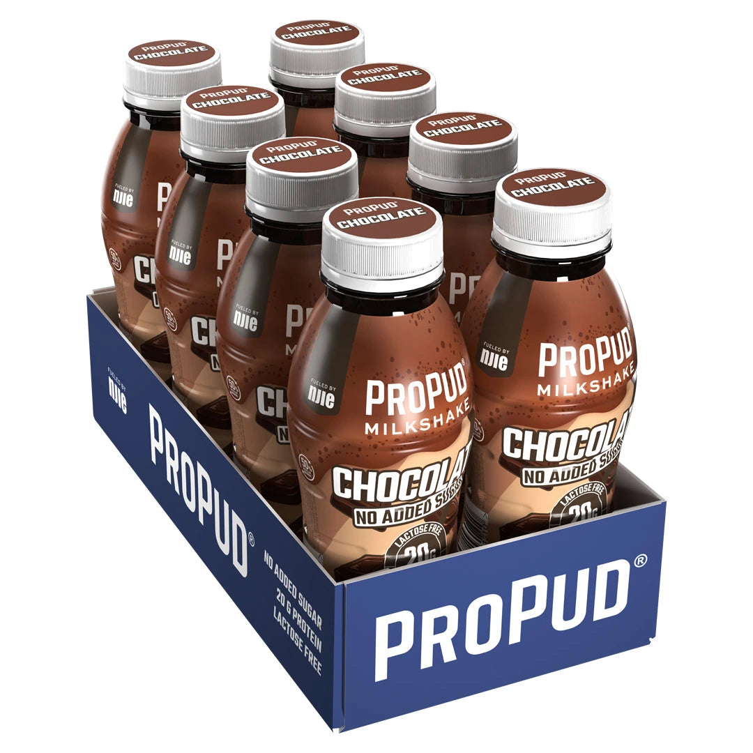8 x NJIE ProPud Protein Milkshake 330 ml Chocolate sinisessä pakkauksessa ruskeiden pullojen kanssa, makuna suklaa., kuva 1/1