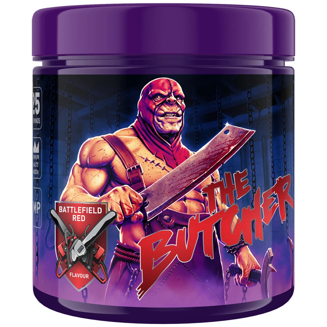 Swedish Supplements The Butcher 425 g pre-workout lilassa purkissa lihaksikkaalla hahmolla, makuna Battlefield Red.