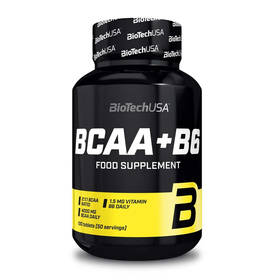 BioTechUSA BCAA+ B6 340 caps -aminohapot mustassa purkissa, jossa on valkoinen teksti ja keltaisia yksityiskohtia., kuva 1/1