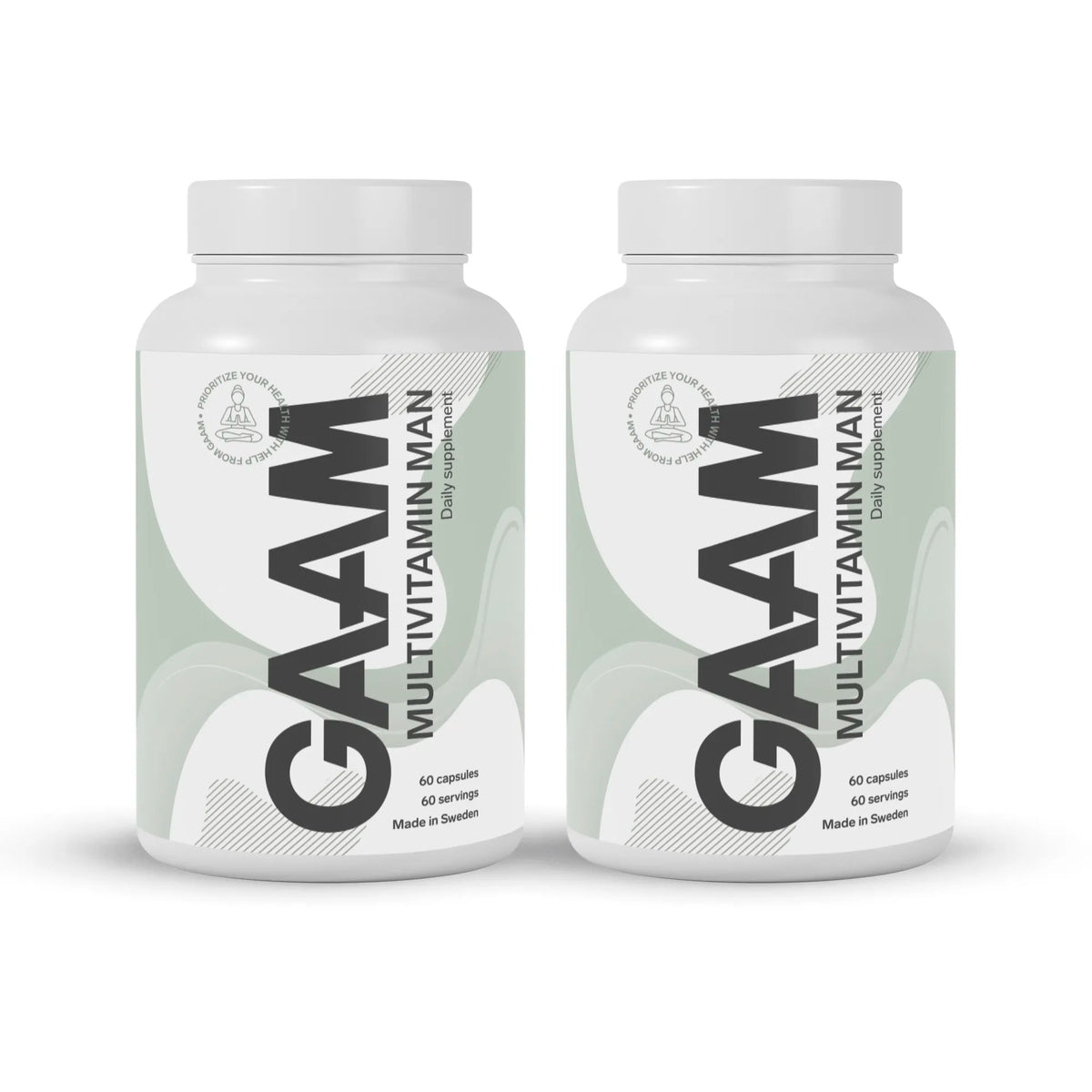 2 x GAAM Multivitamin Man 60 caps kahdessa valkoisessa purkissa, joiden etiketissä on harmaita ja vaaleanvihreitä yksityiskohtia., kuva 1/1