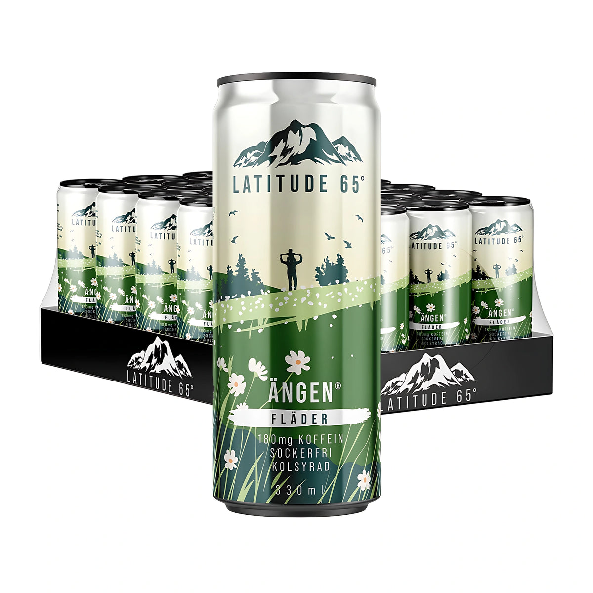 24 x Latitude 65 330 ml Ängen - Fläder 24 tölkin lavassa, etualalla pystyssä oleva tölkki vihreä-valkoisella luontokuviolla., kuva 1/1