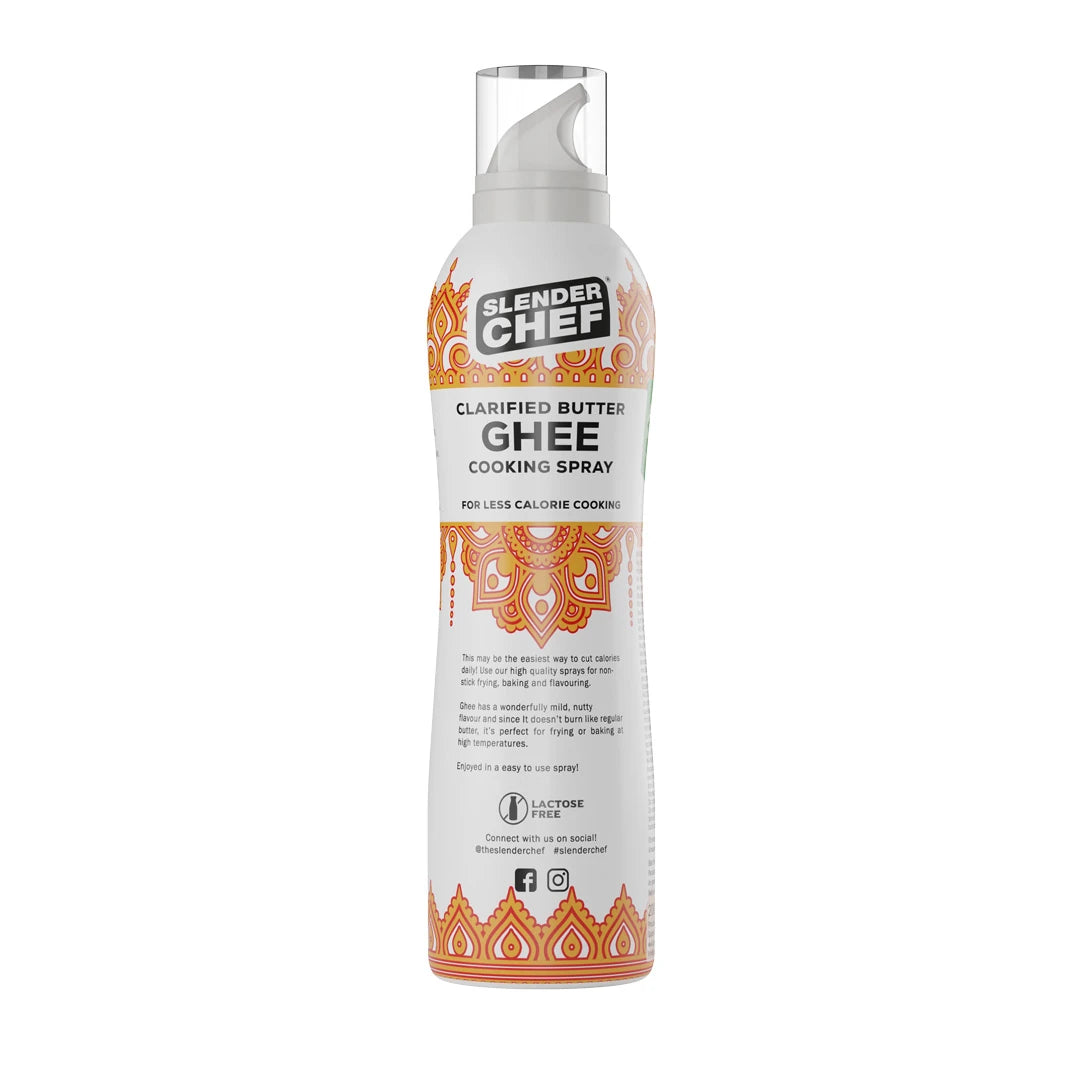Slender Chef Cooking Spray 200 ml i sprayflaska med smak av Clarified Butter Ghee och orangea mönsterdetaljer., bild 4 av 5