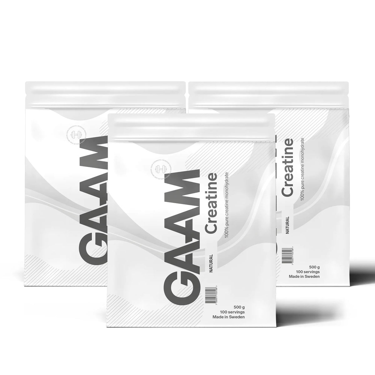3 x GAAM Creatine Monohydrate 500 g kolmessa valkoisessa pussissa harmailla yksityiskohdilla., kuva 1/1