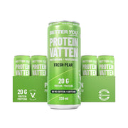 24 x Better You Proteinvatten 330 ml Fresh Pear -juomat vihreässä laatikossa vihreillä tölkeillä ja valkoisella tekstillä.