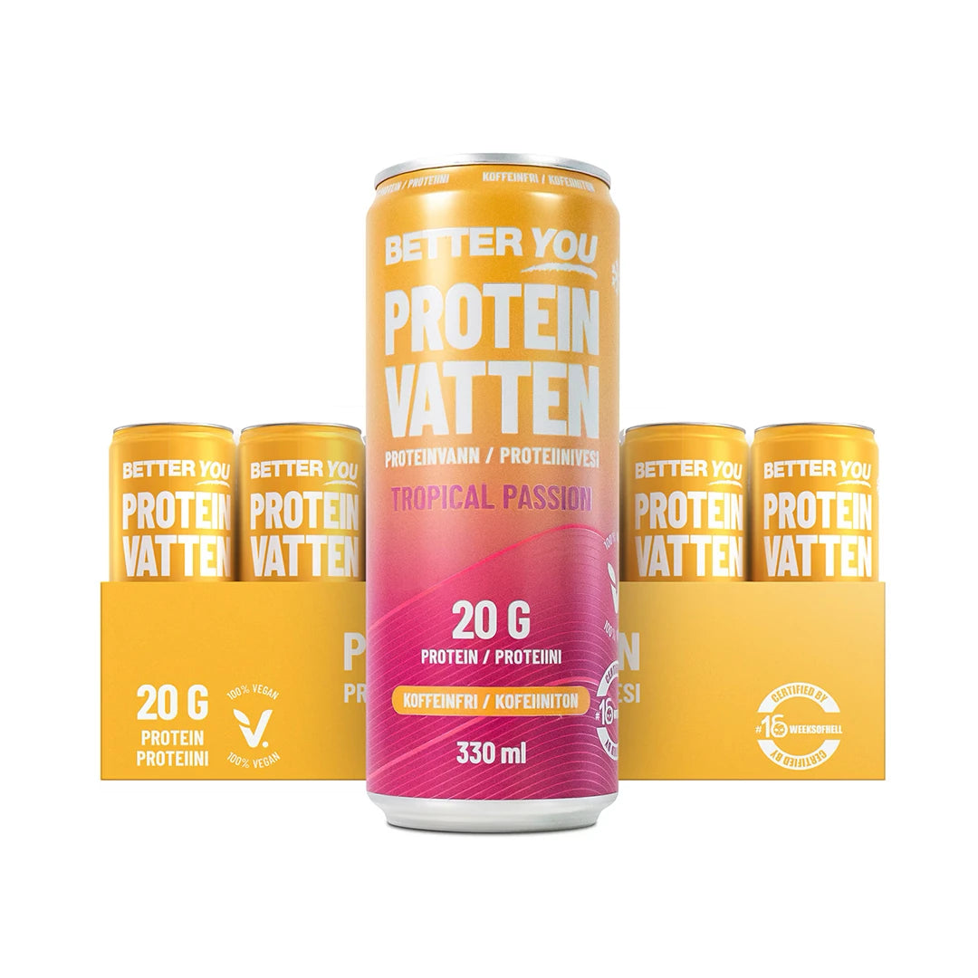 24 x Better You Proteinvatten 330 ml Tropical Passion keltaisessa laatikossa, jossa on kelta-pinkkejä tölkkejä., kuva 1/1