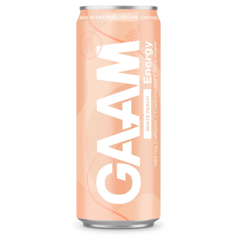 GAAM Energy 330 ml -vegaaninen energiajuoma vaaleanoranssissa tölkissä, makuna White Peach., kuva 4/4