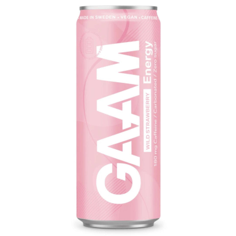 Vaaleanpunainen tölkki GAAM Energy 330 ml -vegaanista energiajuomaa, makuna Wild Strawberry., kuva 2/4