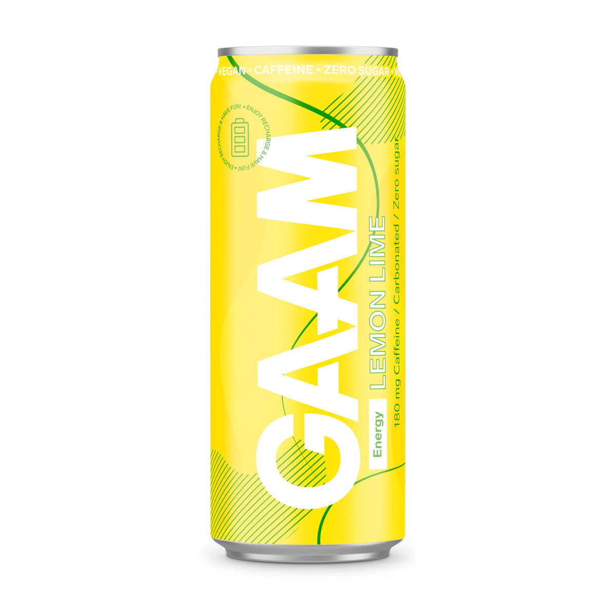 GAAM Energy 330 ml -energiajuoma keltaisessa tölkissä vihreillä yksityiskohdilla, makuna Lemon Lime., kuva 1/11