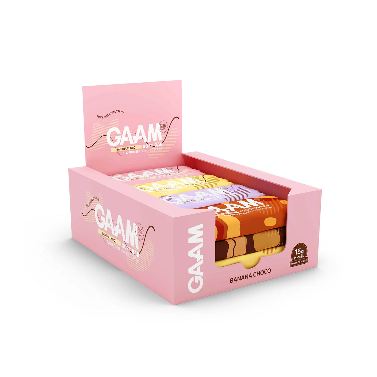 12 x GAAM Protein bar &amp; Soft bar 45 g Mixlaatikko vaaleanpunaisessa esittelylaatikossa, jossa on värikkäitä patukoita., kuva 1/1