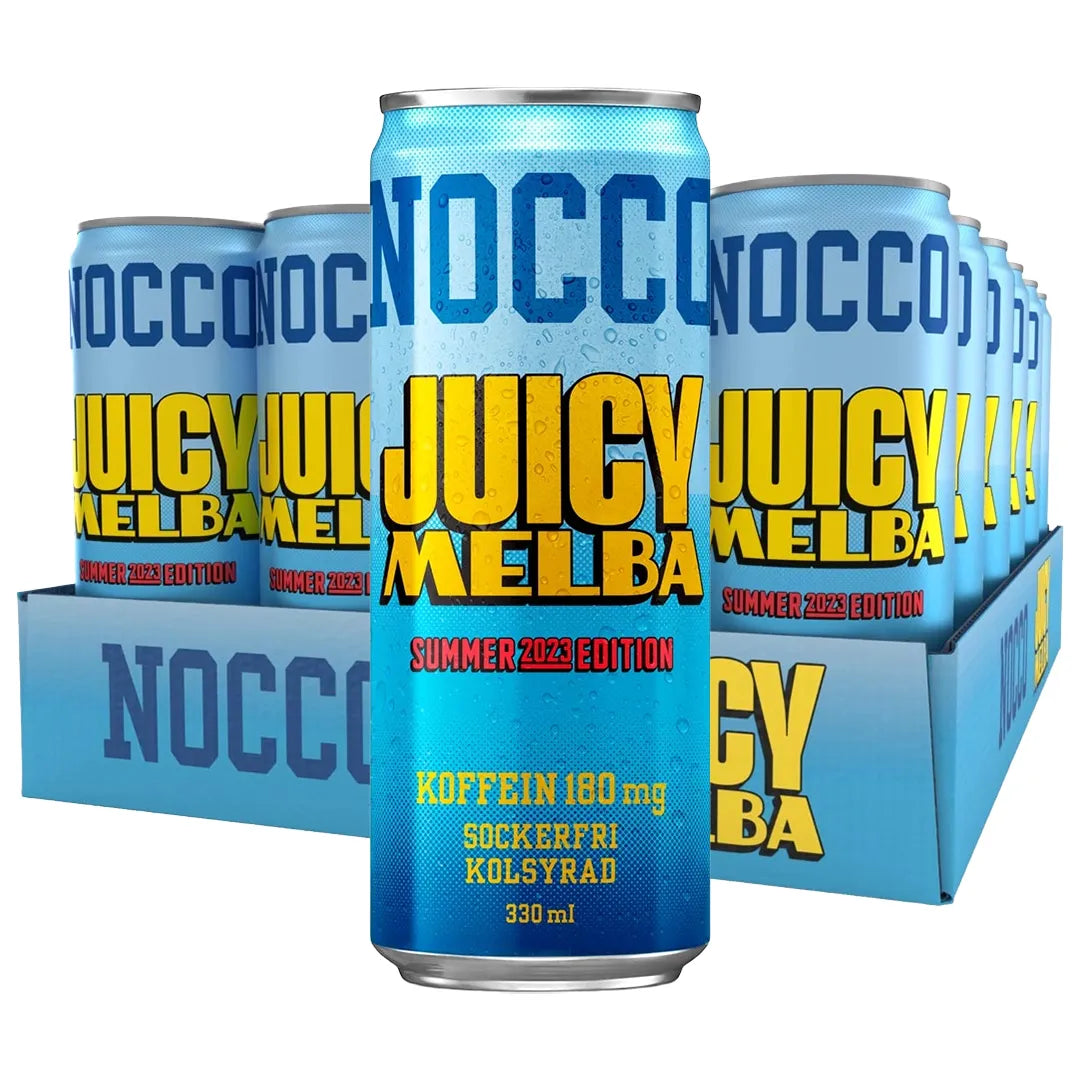 24 x NOCCO BCAA 330 ml Juicy Melba i ett ljusblått flak med matchande energidrycksburkar med gul text., bild 1 av 1