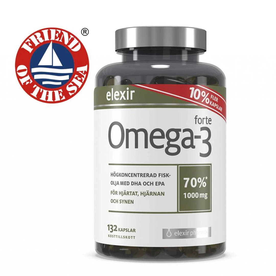 Elexir Pharma Omega-3 Forte 132 caps tummassa purkissa hopeakannella ja valkoisella etiketillä., kuva 1/1