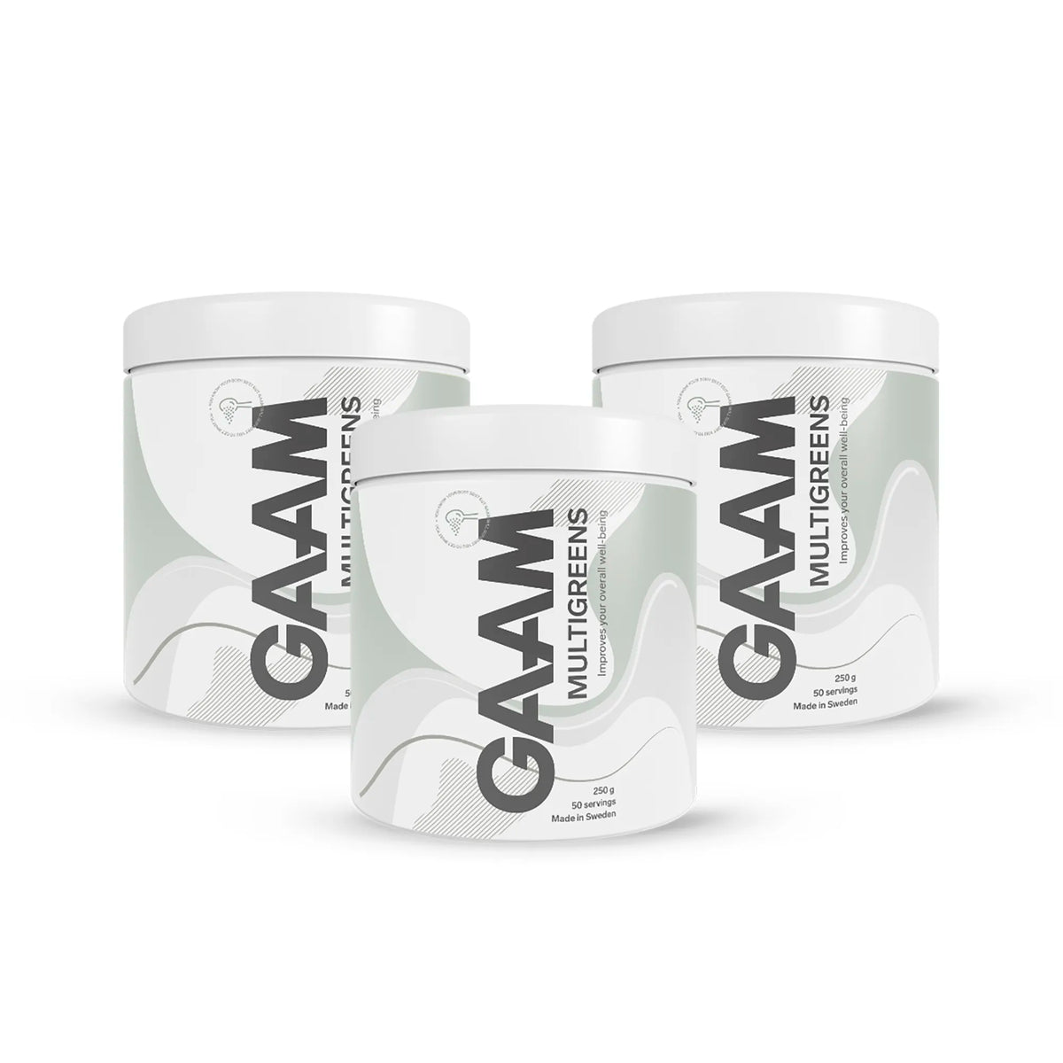 Kolme valkoista 3 x GAAM Multigreens 250 g -purkkia, joiden etiketeissä on vihreitä ja harmaita aaltoilevia kuvioita., kuva 1/1