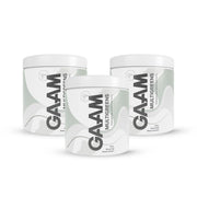 Kolme valkoista 3 x GAAM Multigreens 250 g -purkkia, joiden etiketeissä on vihreitä ja harmaita aaltoilevia kuvioita.
