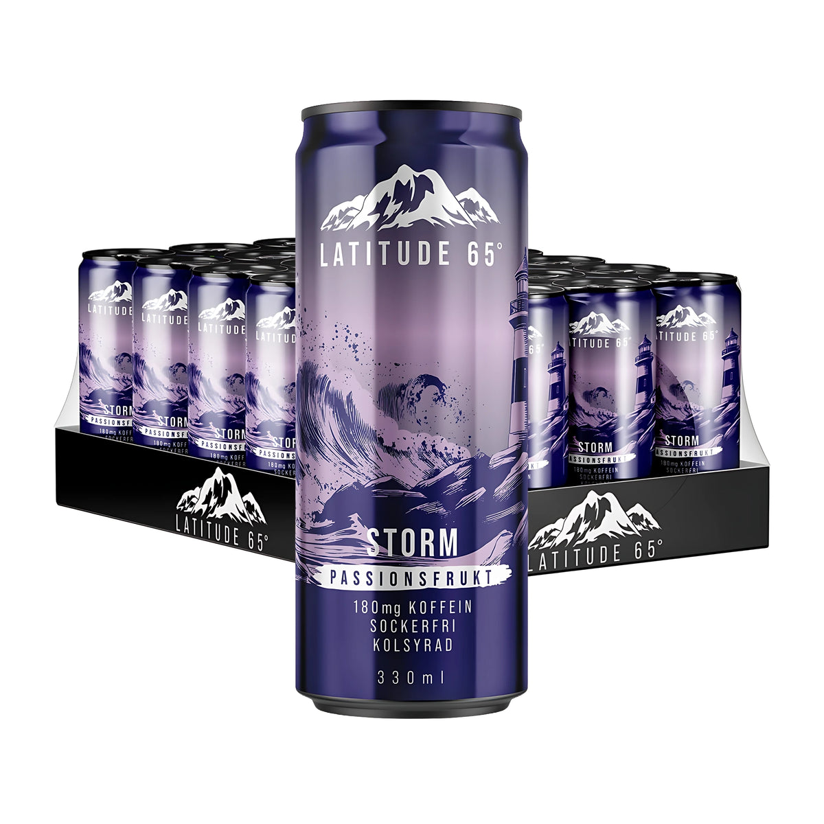 24 x Latitude 65 330 ml Storm - Passionhedelmä 24-pakkauksessa, violetti tölkki etualalla kokonaisen lavan edessä., kuva 1/1