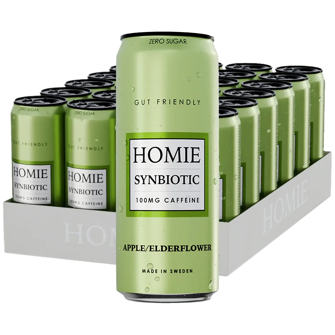 24 x Homie Wake Up Synbiotic 330 ml Apple Elderflower harmaassa laatikossa, jossa on vaaleanvihreitä tölkkejä., kuva 1/1