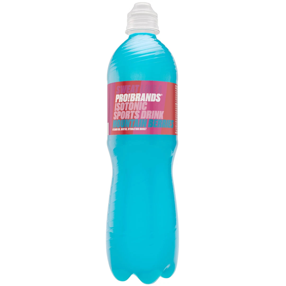 Kirkkaansininen Pro Brands ISOtonic Sports Drink 500 ml muovipullossa, jossa on valkoinen urheilukorkki ja pinkki etiketti., kuva 1/1