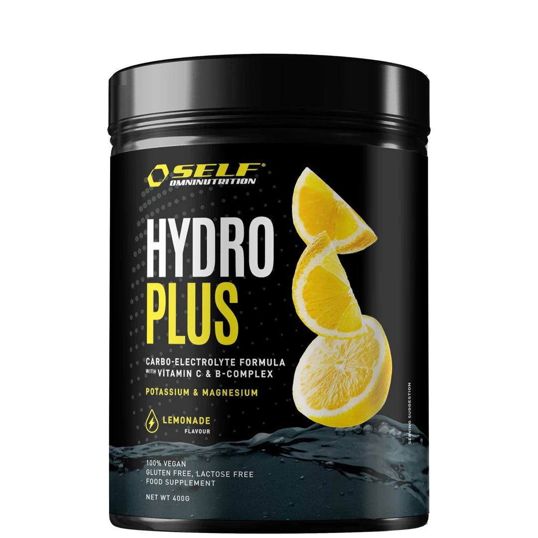 Self Omninutrition Hydro Plus 400 g mustassa purkissa Lemonade-maussa, kuvitettuna sitruunaviipaleilla ja roiskuvalla vedellä., kuva 1/1