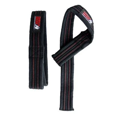 Gorilla Wear Hardcore Lifting Straps, mustat vahvat puuvillaiset vetoremmit punaisilla tikkauksilla raskaisiin nostoihin., kuva 1/1