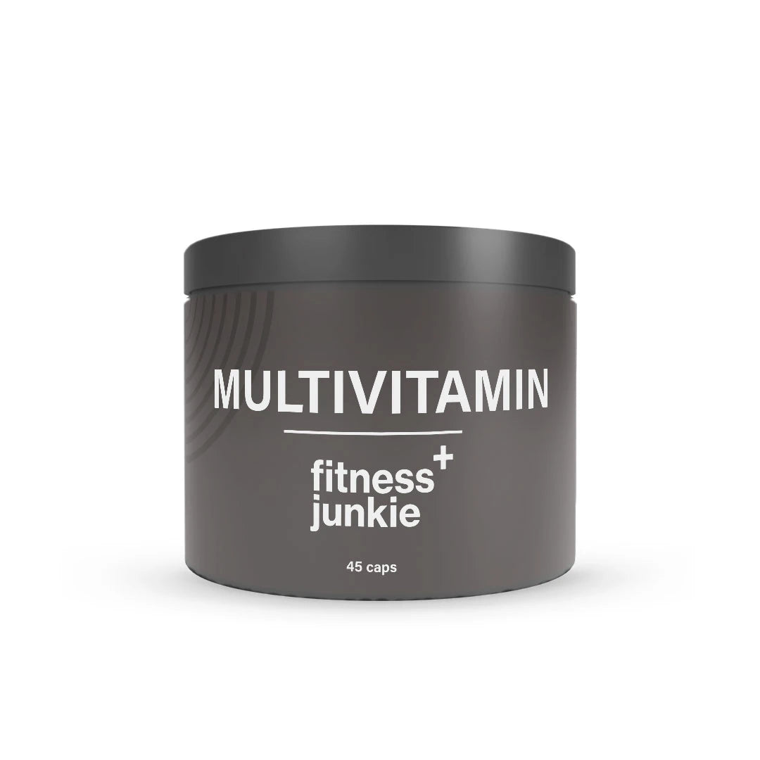 fitnessjunkie Multivitamin 45 caps förpackad i en mörkgrå burk med svart lock och vit text., bild 1 av 1