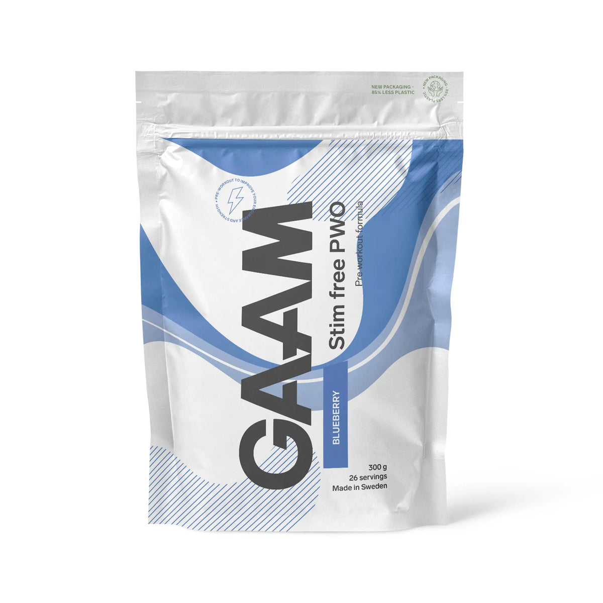GAAM Stim free PWO 300 g valkoisessa pussissa sinisillä yksityiskohdilla, makuna Blueberry., kuva 1/3
