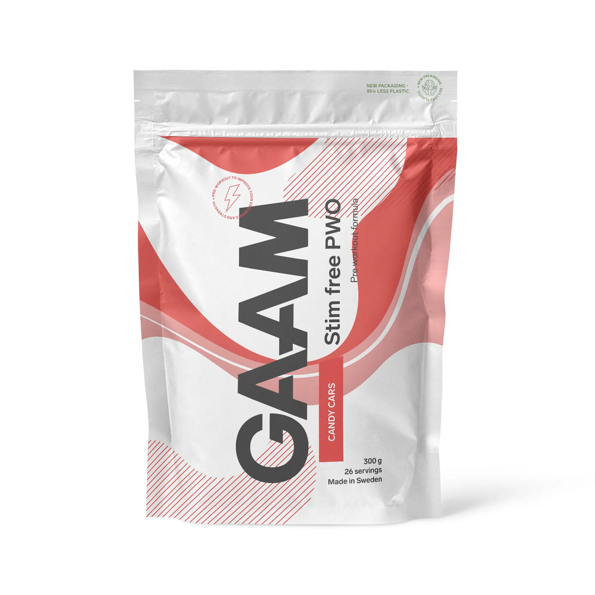 GAAM Stim free PWO 300 g valkoisessa pussissa vaaleanpunaisilla ja punaisilla yksityiskohdilla, makuna Candy Cars., kuva 2/3