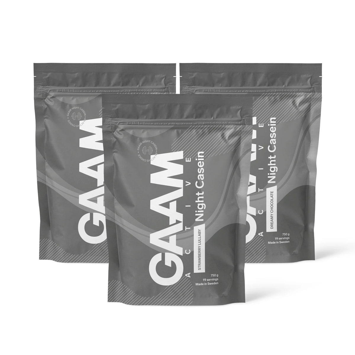 3 x GAAM Active Night Casein 750 g tummanharmaissa pusseissa tuoreiden mansikoiden, suklaan ja vaniljan ympäröimänä., kuva 1/1