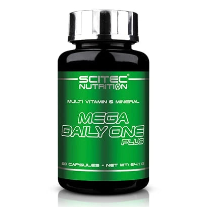 Scitec Nutrition Mega Daily One Plus 60 caps -monivitamiini mustassa purkissa, jossa on vihreä etiketti ja hopeanvärinen kansi., kuva 1/1