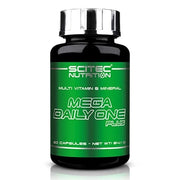 Scitec Nutrition Mega Daily One Plus -monivitamiini mustassa purkissa, jossa on vihreä etiketti ja hopea kansi.