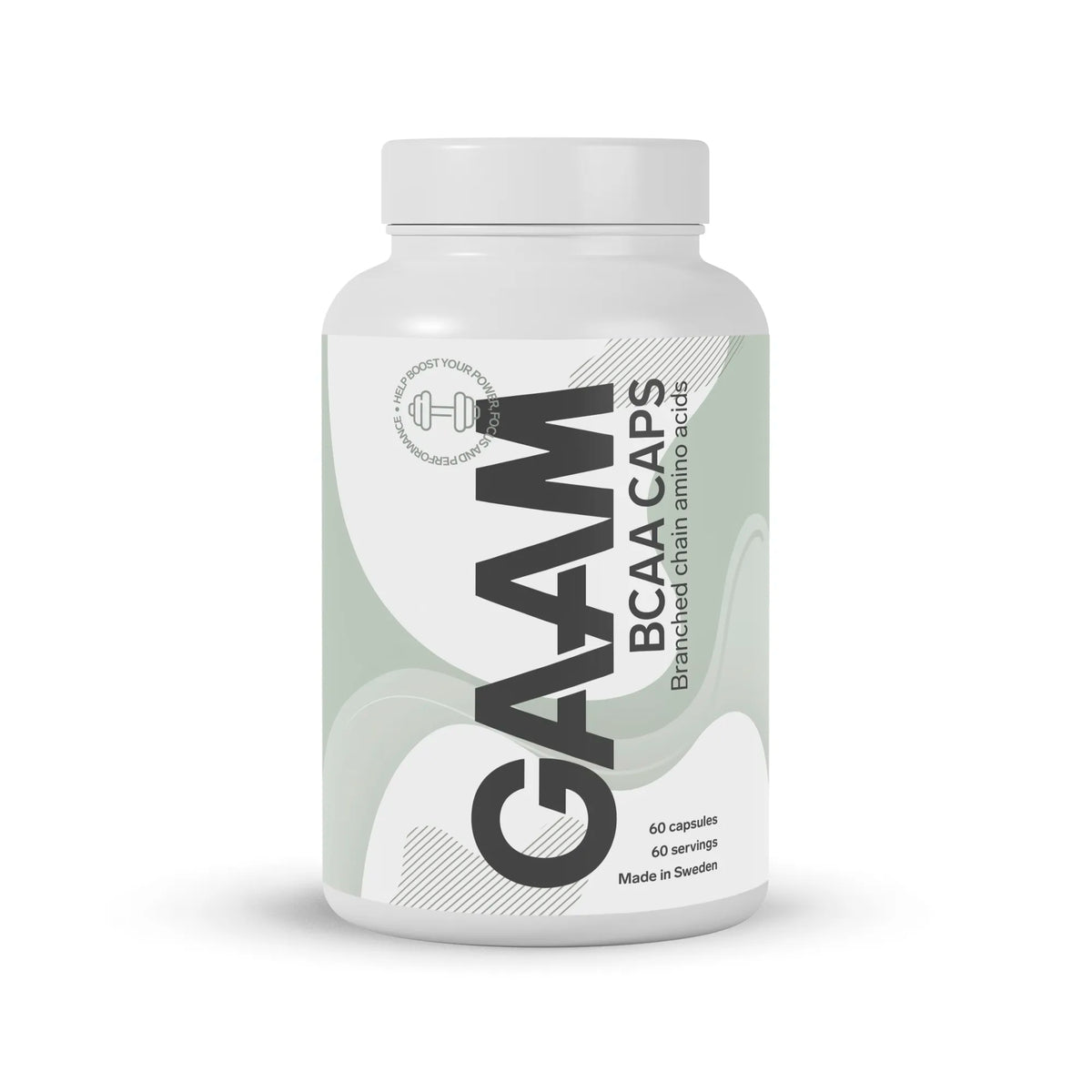 GAAM BCAA 60 caps -kapselit valkoisessa purkissa harmaanvihreillä yksityiskohdilla., kuva 1/1