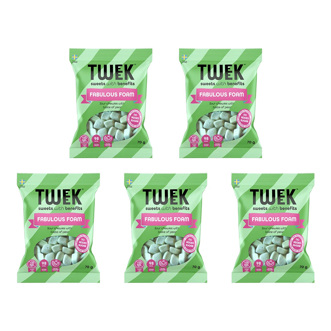 5 x Tweek Sweets 70 g Fabulous Foam viidessä vaaleanvihreässä pussissa, joissa on vaaleanpunaisia yksityiskohtia., kuva 1/1
