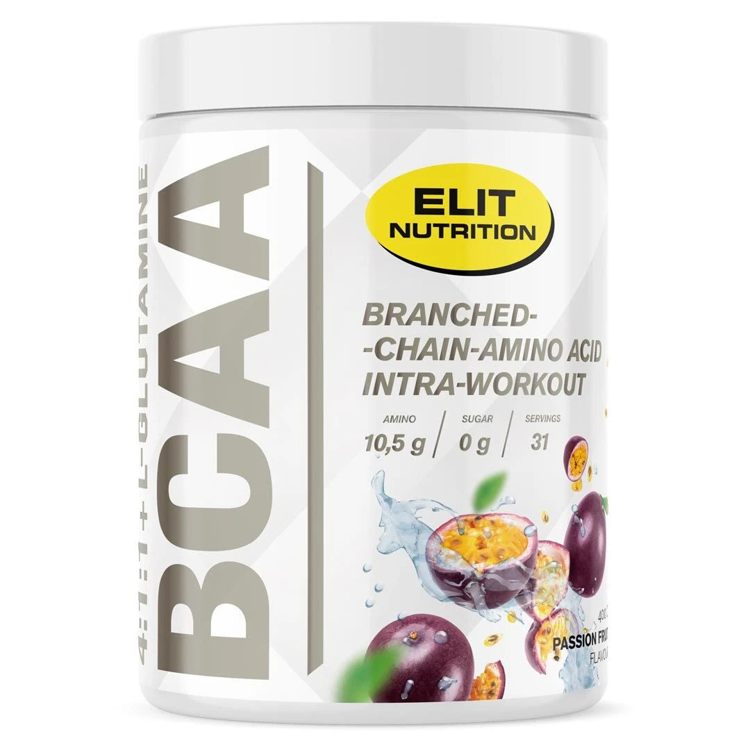 Elit Nutrition BCAA 4:1:1 + L-glutamine 400 g -aminohappojauhe valkoisessa purkissa keltaisin yksityiskohdin ja passionhedelmin maulle Passion Fruit., kuva 1/6