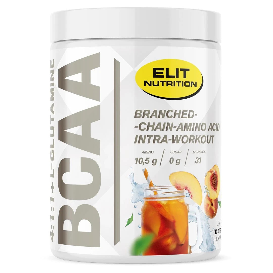 Elit Nutrition BCAA 4:1:1 + L-glutamine 400 g -aminohappojauhe valkoisessa purkissa, jossa on jääteen ja persikan kuvitus Ice Tea -maulle., kuva 2/6