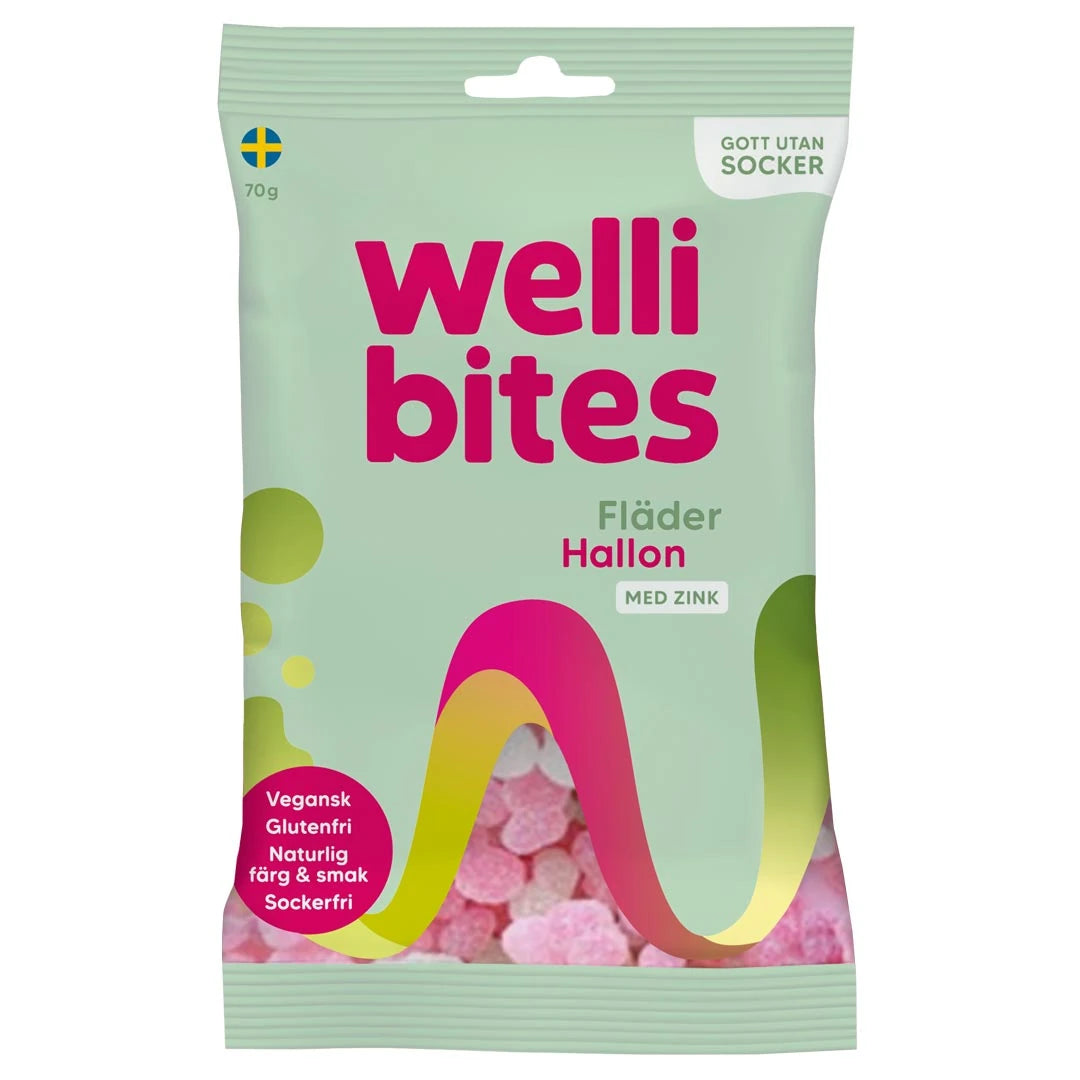 Wellibites Candy 70 g sokeriton karkki vaaleanvihreässä pussissa pinkeillä yksityiskohdilla, makuna seljanmarja-vadelma., kuva 6/6