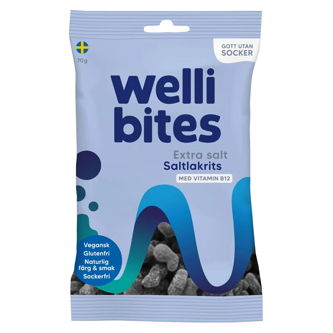 Wellibites Candy 70 g sokeriton karkki vaaleansinisessä pussissa, makuna Extra salt lakritsi., kuva 5/6