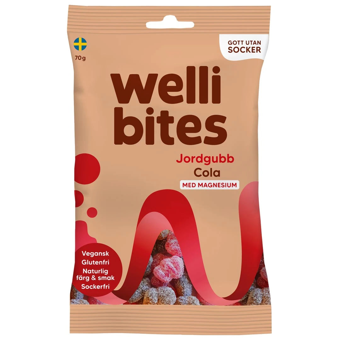 Wellibites Candy 70 g -sokeriton karkki beigessä pussissa punaisilla yksityiskohdilla, makuna Mansikka Cola., kuva 2/6